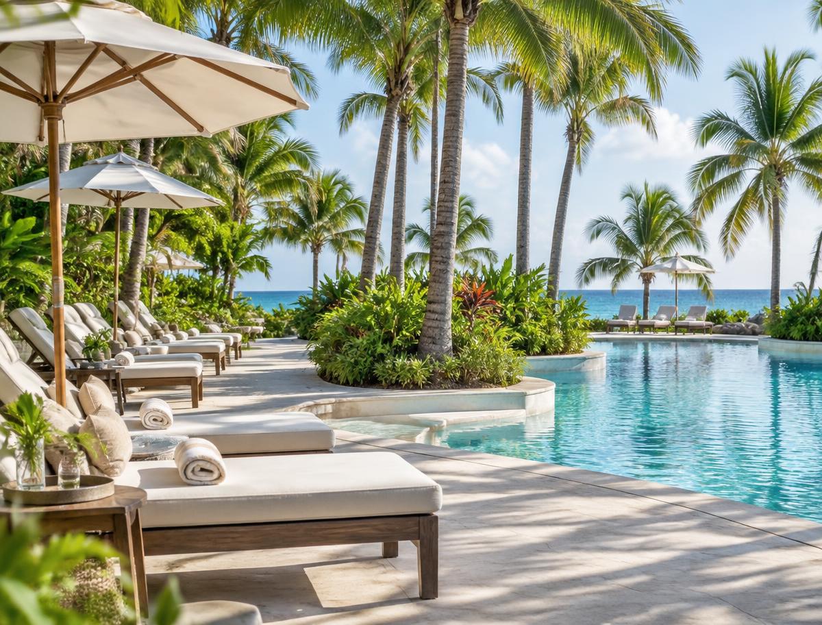 Illustrative Riviera Maya poolside scene with palms and ocean beyond; not a photo of Riu Playacar